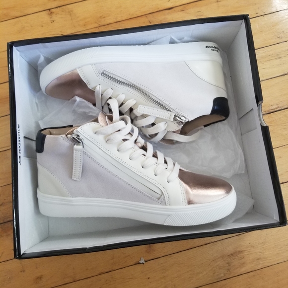 Blondo Shoes - Rose gold+ivory wedge sneaker w zipper detail